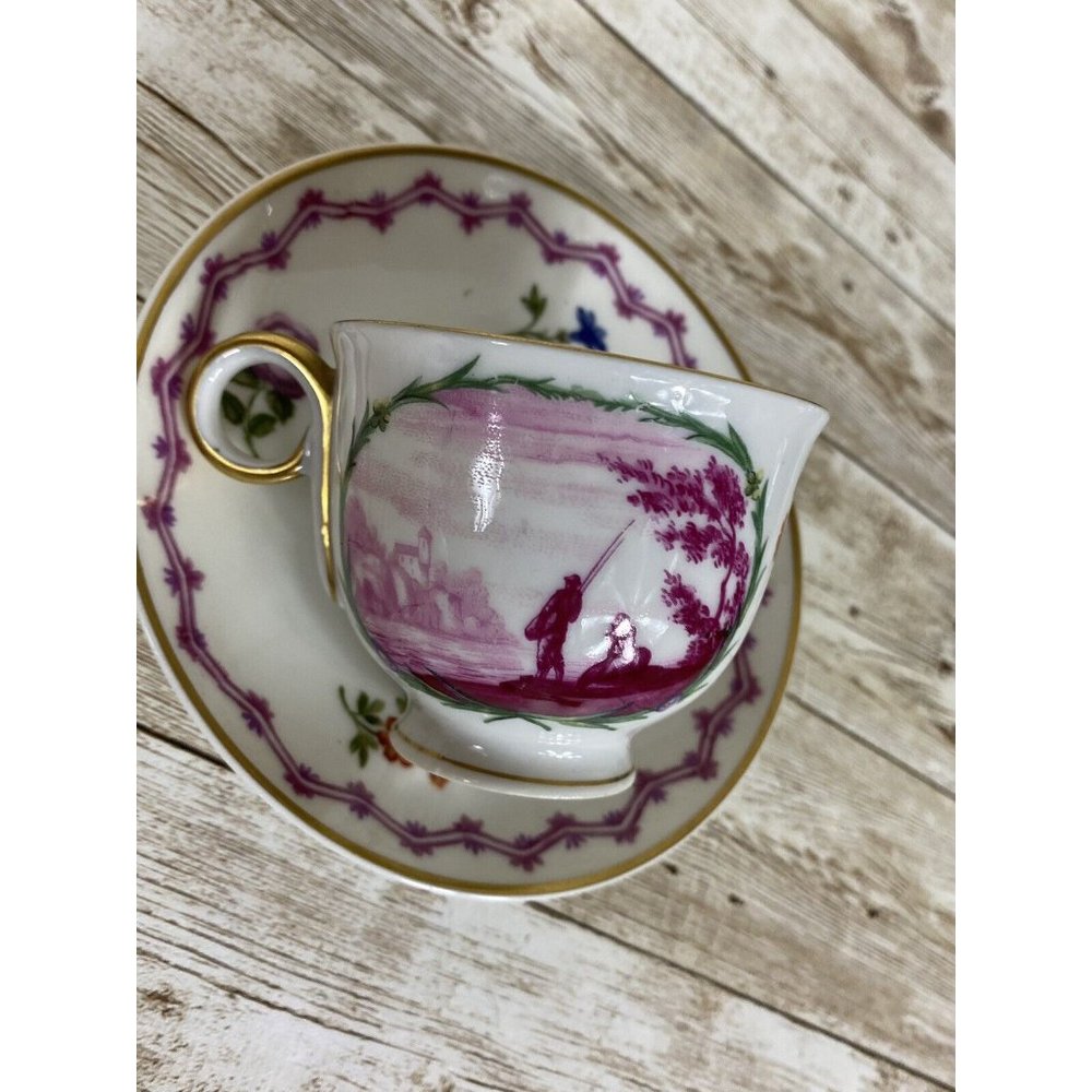 Haviland Malmaison Cup and Saucer Purple Fishing Scene Antique HTF - Picture 2 of 11